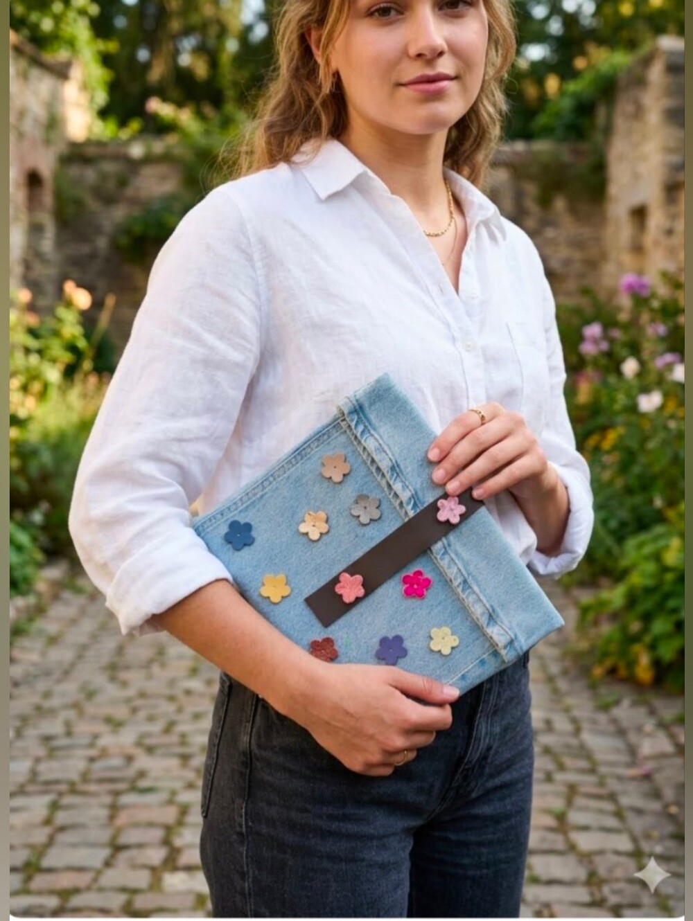 Artisan Handmade Upcycled Denim Notebook Tablet Cover Clutch Leather Flower